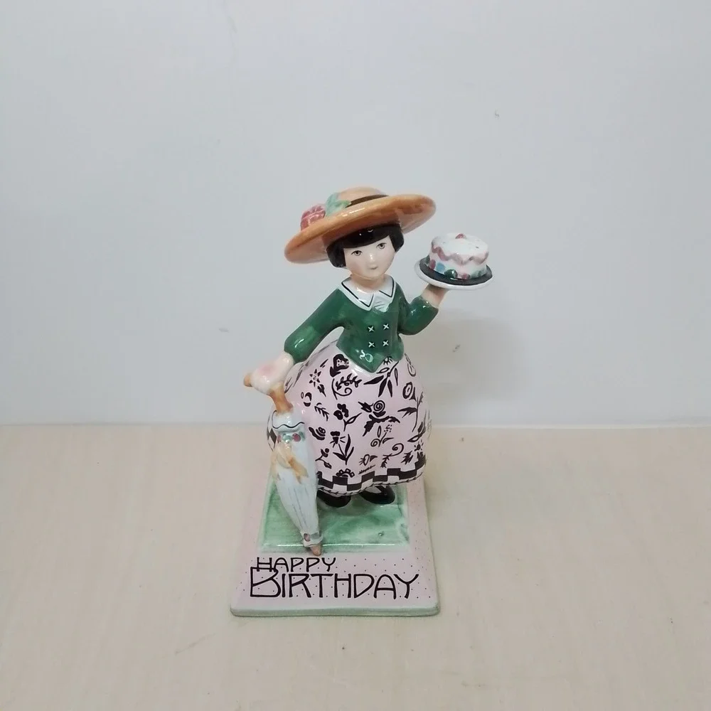 ME Ink Happy Birthday Girl Figurine‎ Holding Cake Umbrella 1995 Collectible
